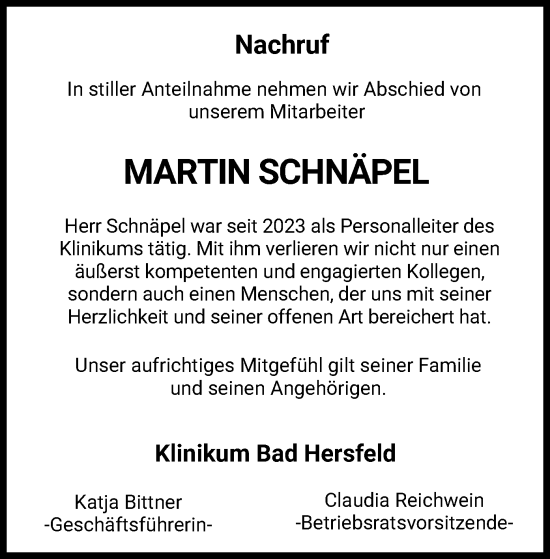 Todesanzeige von Martin Schnäpel von HZ