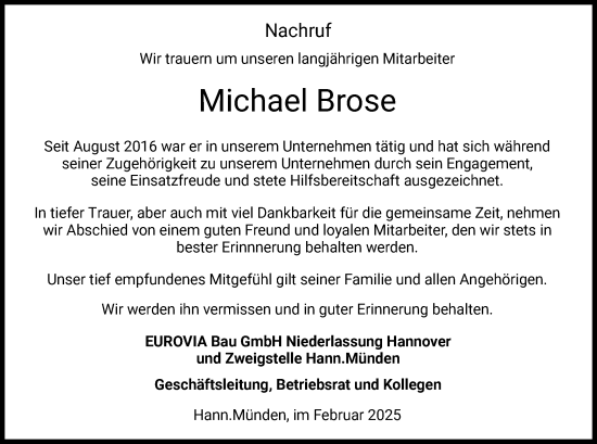 Todesanzeige von Michael Brose von HZ