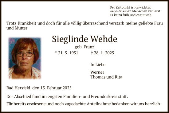 Todesanzeige von Sieglinde Wehde von HZ