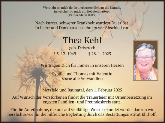 Todesanzeige von Thea Kehl von HZ