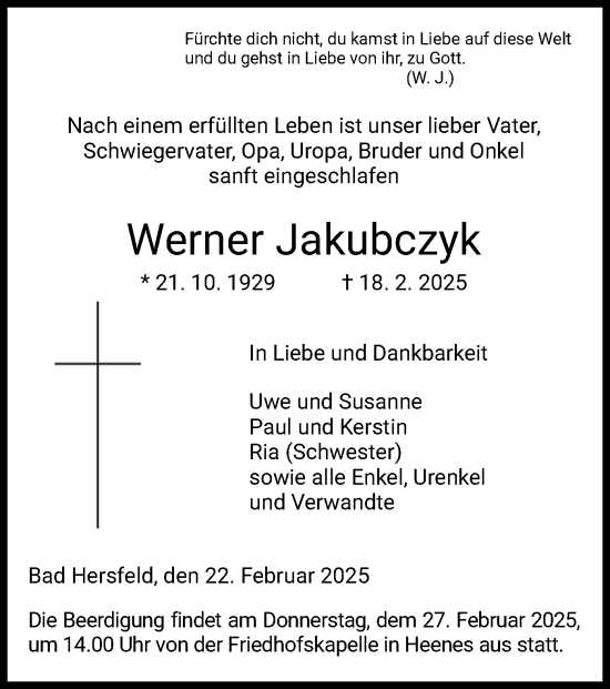 Todesanzeige von Werner Jakubczyk von HZ