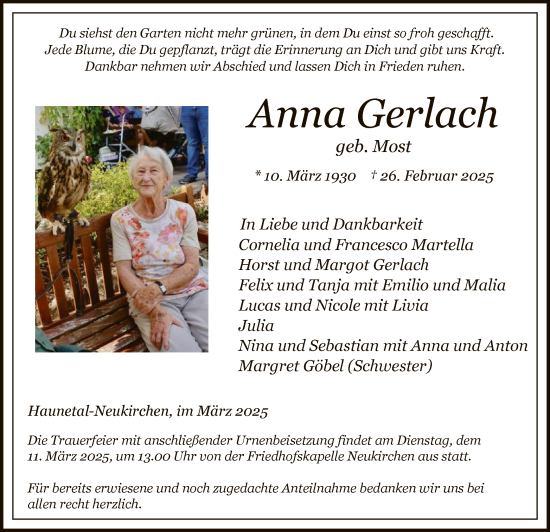 Todesanzeige von Anna Gerlach von HZ