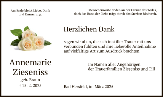 Todesanzeige von Annemarie Zieseniss von HZ