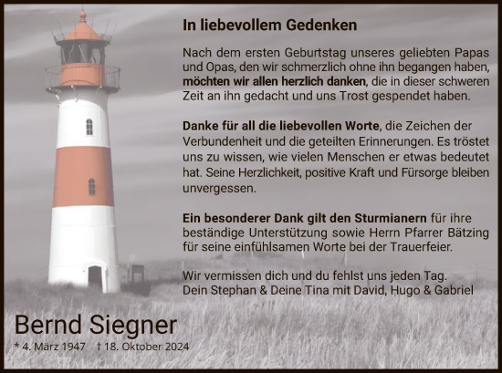 Todesanzeige von Bernd Siegner von HZ