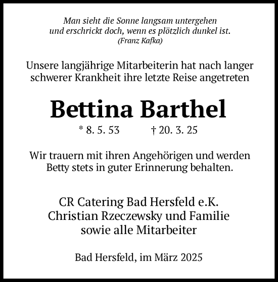 Todesanzeige von Bettina Barthel von HZ