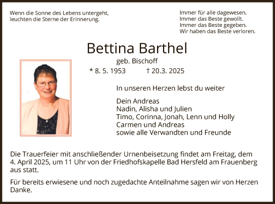 Todesanzeige von Bettina Barthel von HZHNA