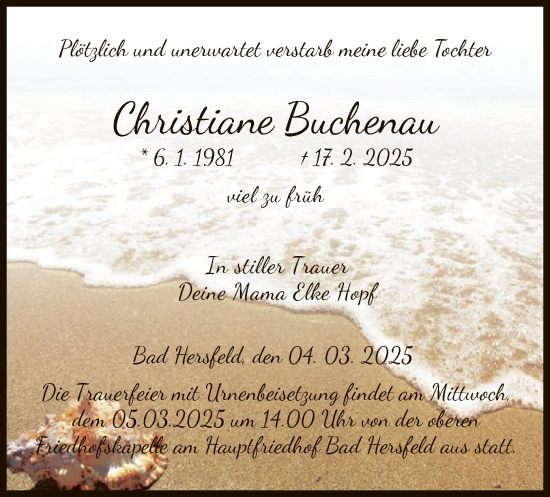 Todesanzeige von Christiane Buchenau von HZ
