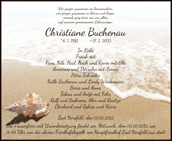 Todesanzeige von Christiane Buchenau von HZ