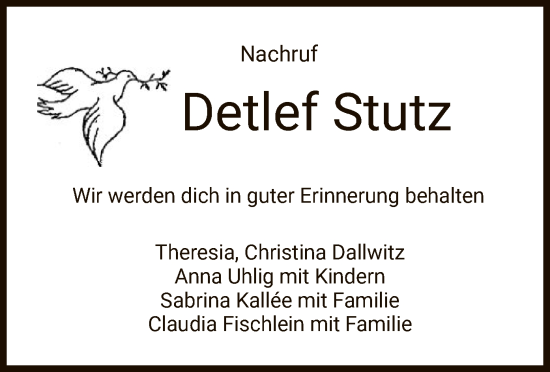 Todesanzeige von Detlef Stutz von HZHNA