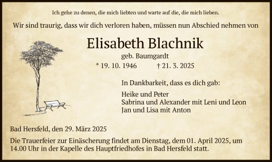 Todesanzeige von Elisabeth Blachnik von HZ