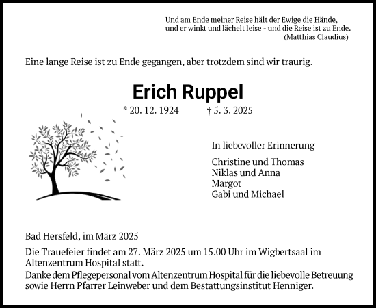 Todesanzeige von Erich Ruppel von HZHNA