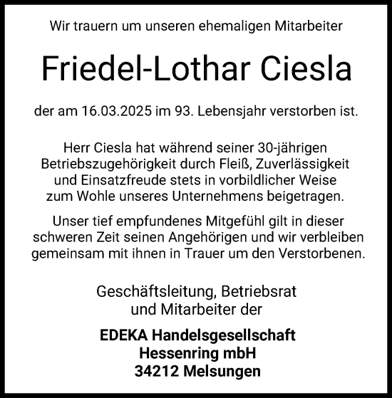 Todesanzeige von Friedel-Lothar Ciesla von HZ