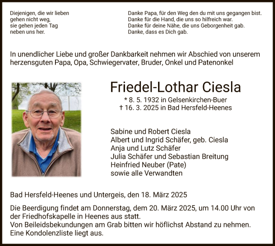 Todesanzeige von Friedel-Lothar Ciesla von HZ