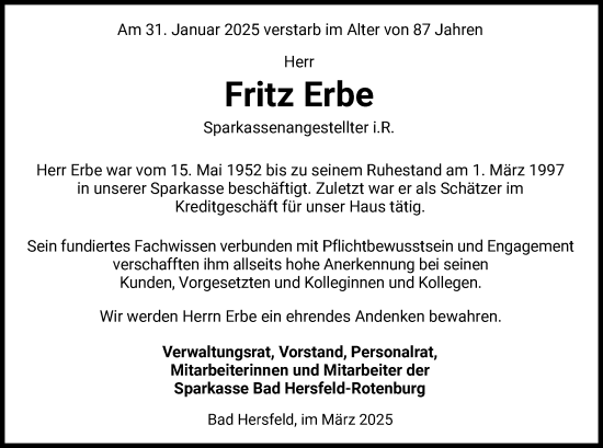 Todesanzeige von Fritz Erbe von HZ