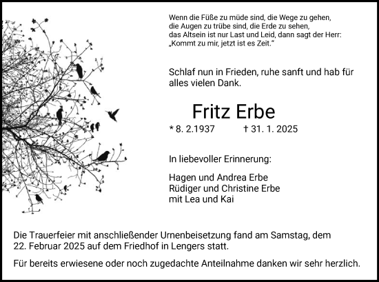 Todesanzeige von Fritz Erbe von HZ
