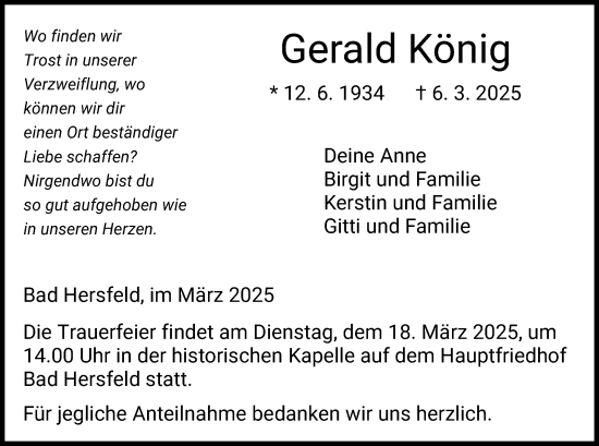 Todesanzeige von Gerald König von HZ