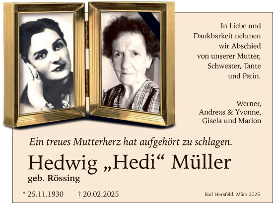 Todesanzeige von Hedwig Müller von HZ