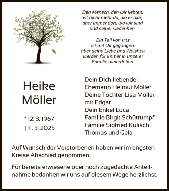 Todesanzeige von Heike Möller von HZ