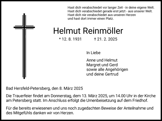 Todesanzeige von Helmut Reinmöller von HZ