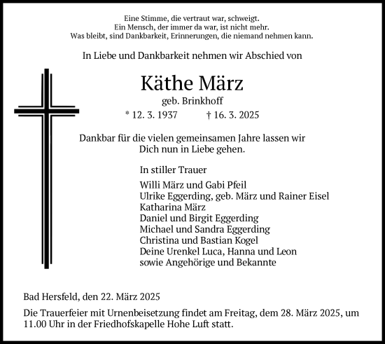 Todesanzeige von Käthe März von HZ