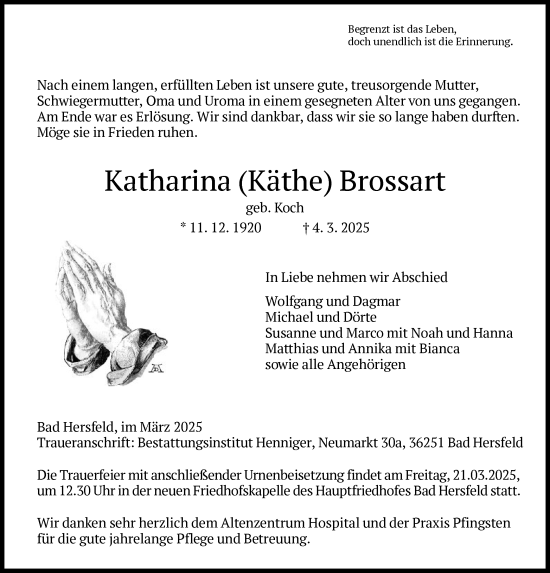 Todesanzeige von Katharina  Brossart von HZ