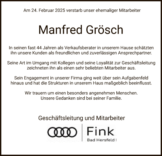 Todesanzeige von Manfred Grösch von HZ