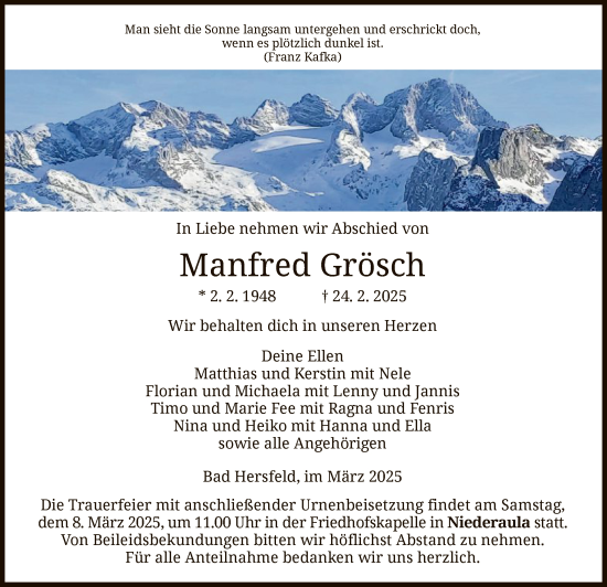 Todesanzeige von Manfred Grösch von HZ