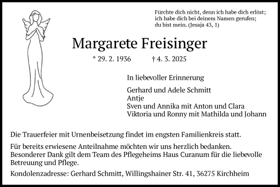 Todesanzeige von Margarete Freisinger von HZ