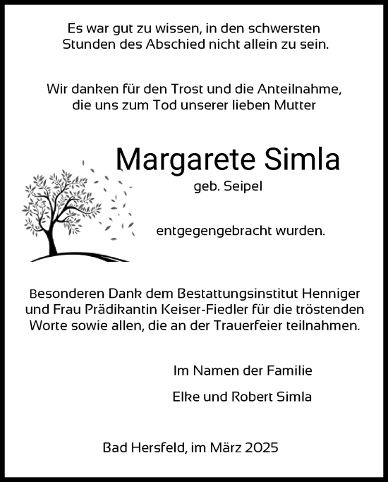 Todesanzeige von Margarete Simla von HZHNA