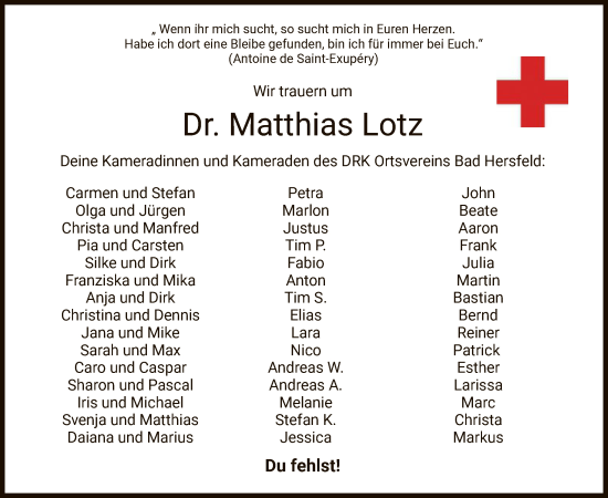Todesanzeige von Matthias Lotz von HZ
