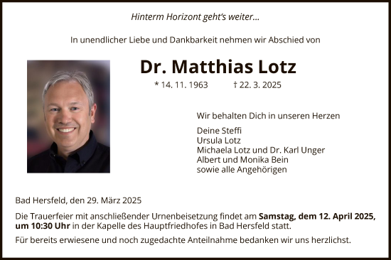 Todesanzeige von Matthias Lotz von HZ