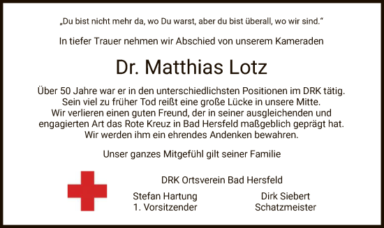 Todesanzeige von Matthias Lotz von HZ