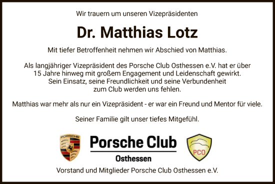 Todesanzeige von Matthias Lotz von HZ