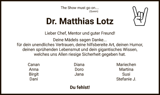 Todesanzeige von Matthias Lotz von HZ