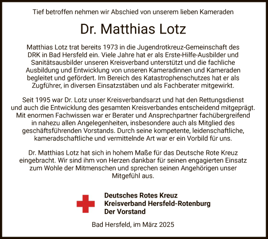 Todesanzeige von Matthias Lotz von HZ
