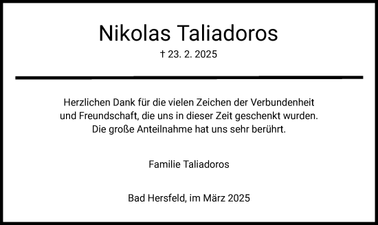 Todesanzeige von Nikolas Taliadoros von HZ