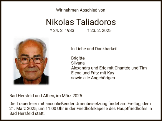 Todesanzeige von Nikolas Taliadoros von HZ