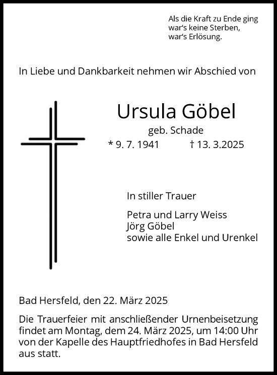 Todesanzeige von Ursula Göbel von HZ