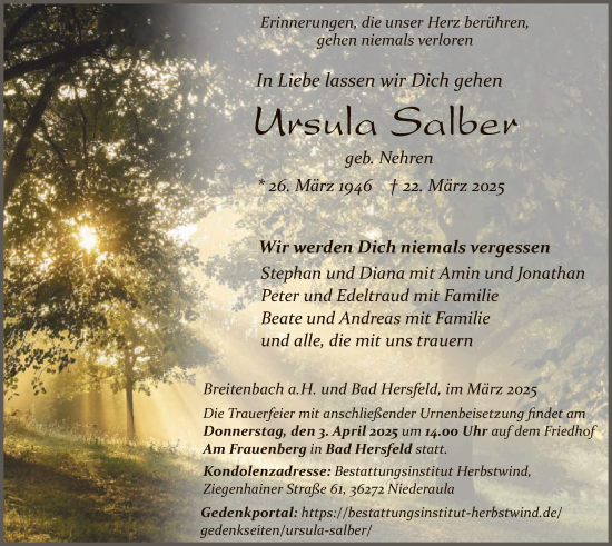 Todesanzeige von Ursula Salber von HZHNA