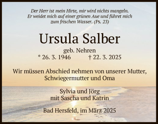Todesanzeige von Ursula Salber von HZ