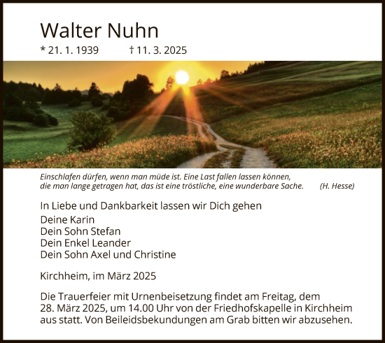 Todesanzeige von Walter Nuhn von HZ