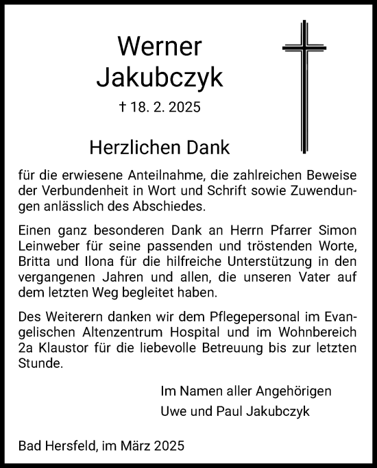 Todesanzeige von Werner Jakubczyk von HZ