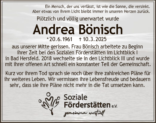 Todesanzeige von Andrea Bönisch von HZ