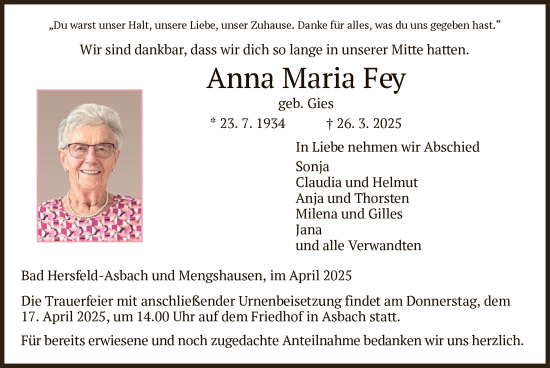 Todesanzeige von Anna Maria Fey von HZ