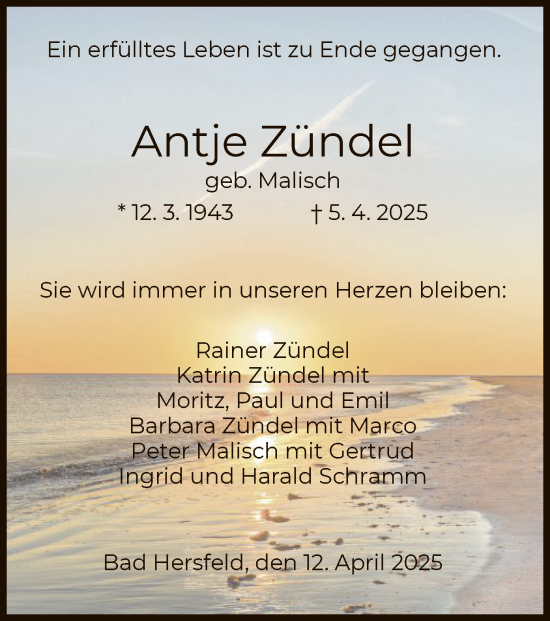 Todesanzeige von Antje Zündel von HZ