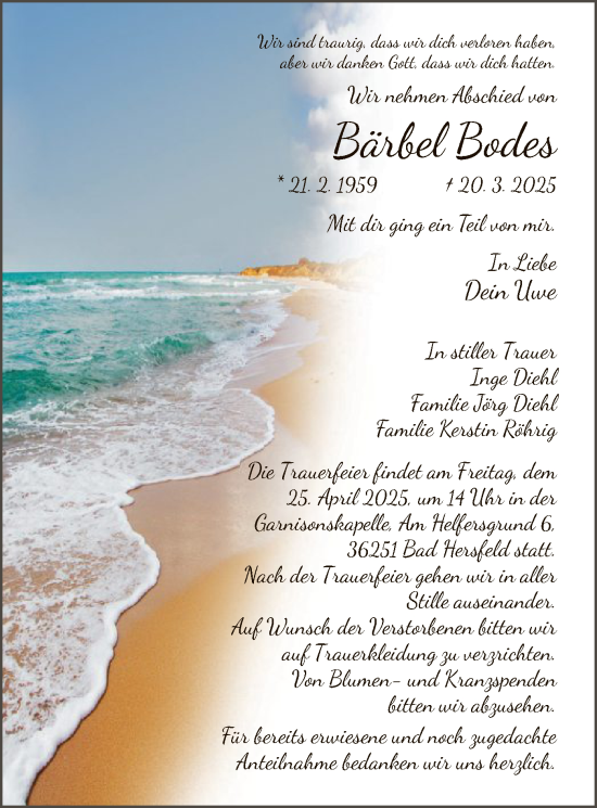 Todesanzeige von Bärbel Bodes von HZ