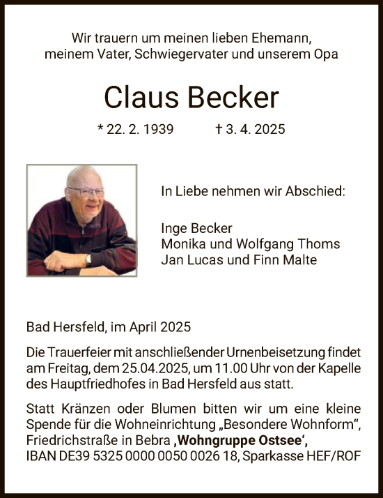 Todesanzeige von Claus Becker von HZ