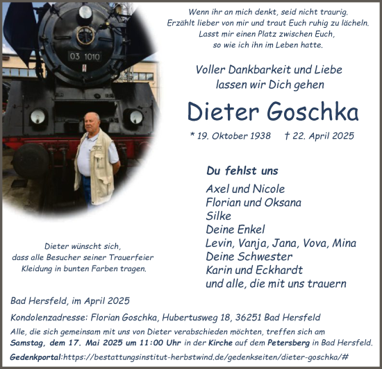 Todesanzeige von Dieter Goschka von HZ