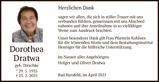 Todesanzeige von Dorothea Dratwa von HZ