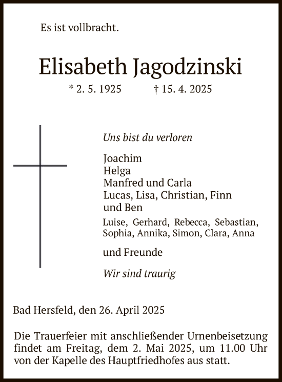 Todesanzeige von Elisabeth Jagodzinski von HZ